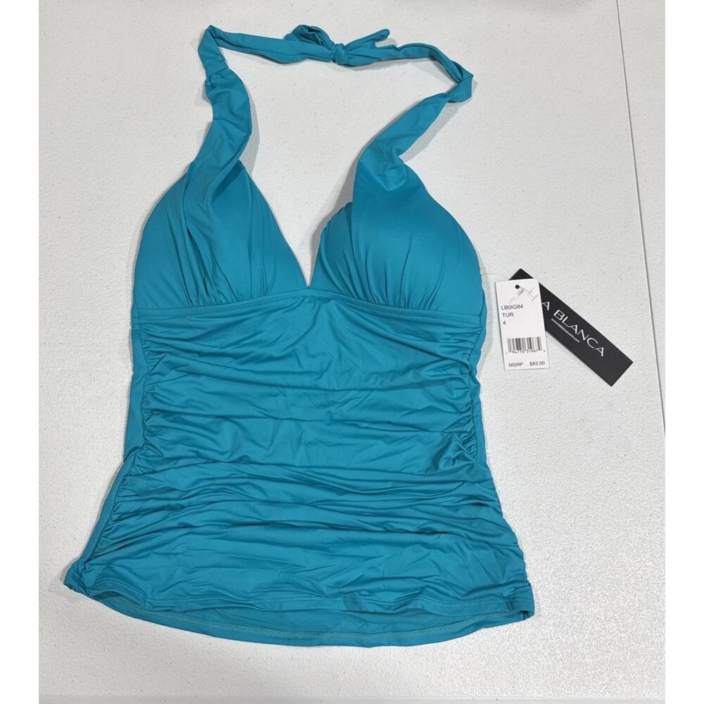 La Blanca Island Goddess Halter Tankini Padded Bra Swim Top Turquoise US 4 Beach